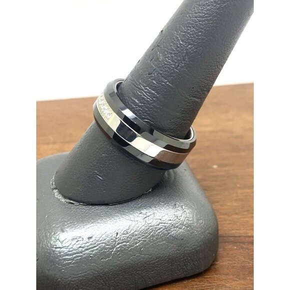 Wedding Band Stainless Steel Ceramic Cubic Zirconia 8mm Unisex Ring Size 9 - Picture 8 of 15